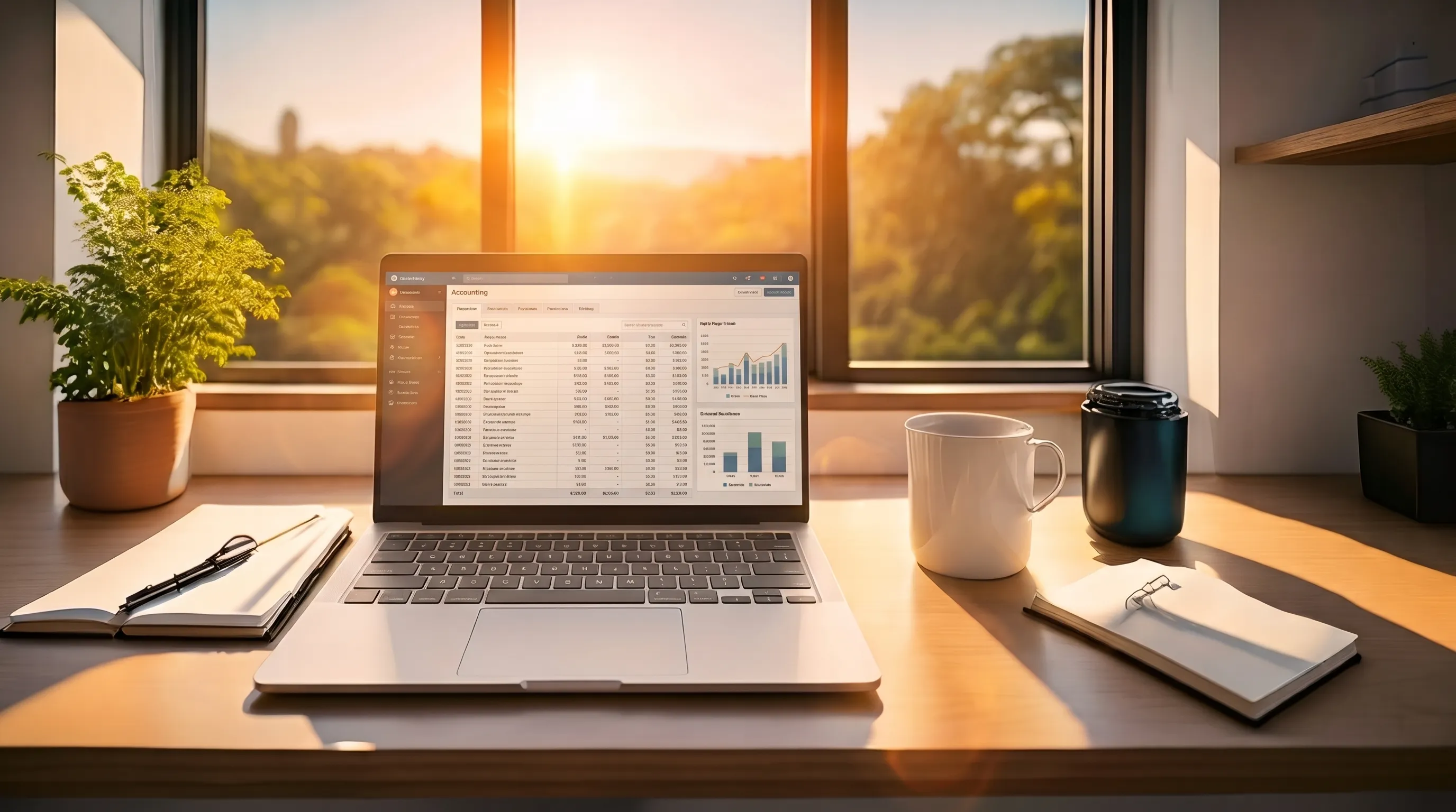 A laptop showing an accounting ledger, with notebooks and a coffee mug, on a desk in front of a window with the sun rising over green trees outside